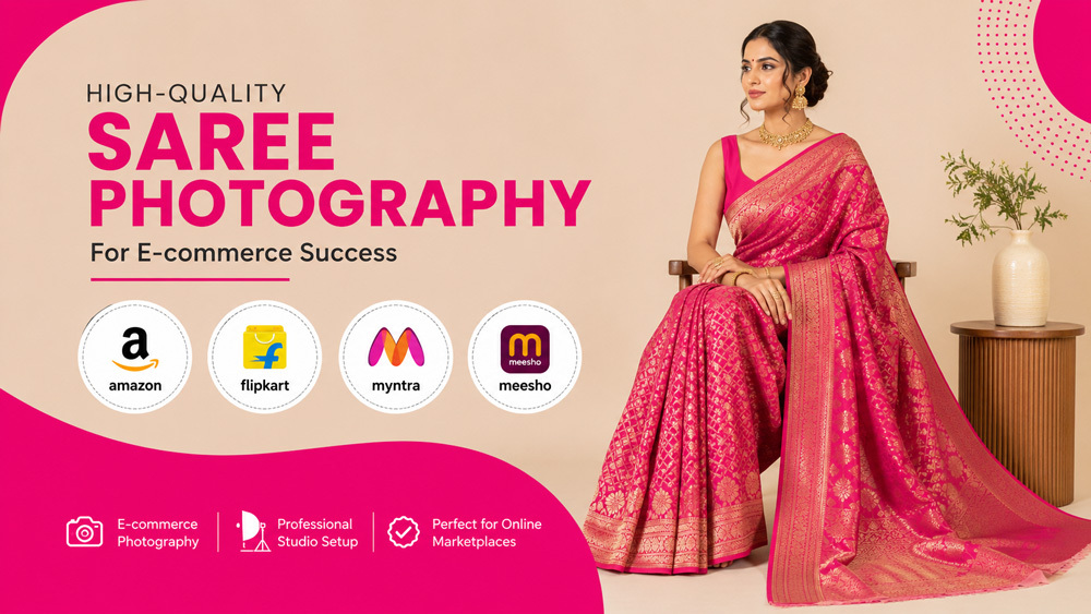 High-quality saree product photography in Surat studio with soft diffused lighting on white background for e-commerce catalogue listing