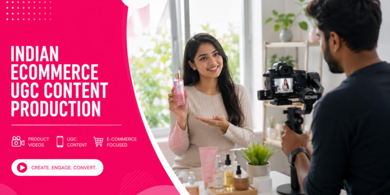 Indian female model holding beauty product while male photographer films DSLR UGC video in professional ecommerce studio setup