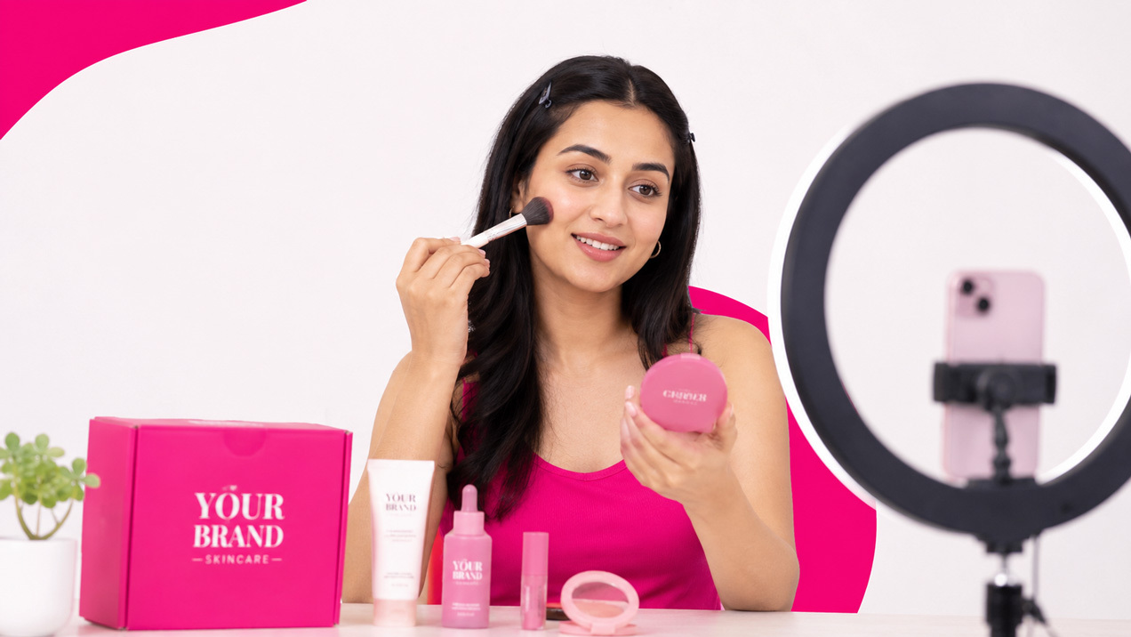 Indian female content creator filming GRWM beauty makeup video with ring light and smartphone in white studio setup for D2C brand UGC content