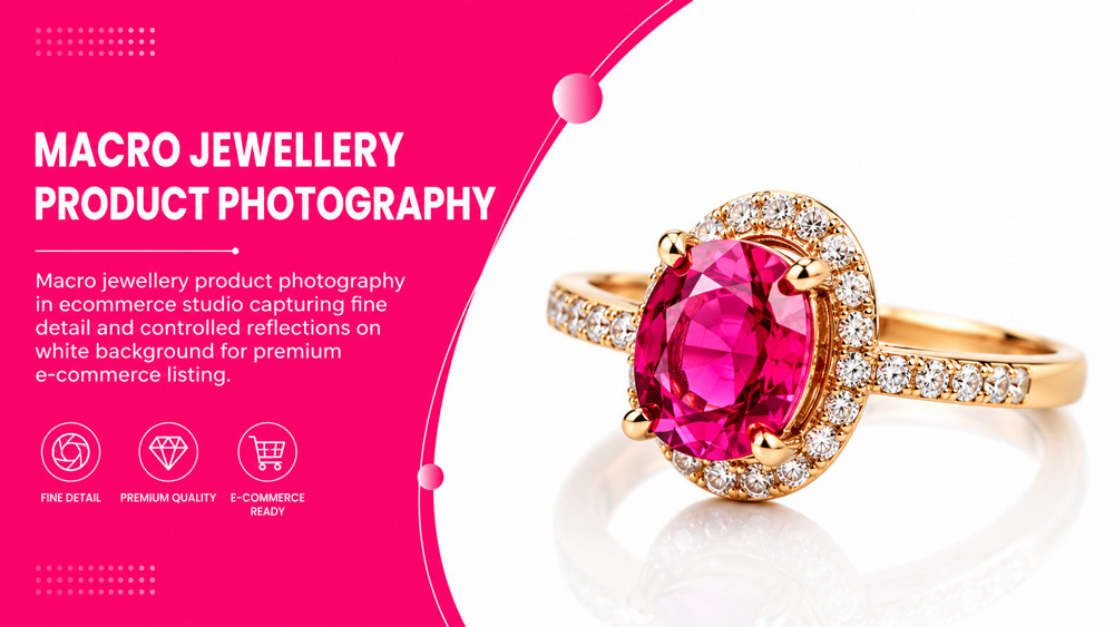 Macro jewellery product photography of a gold ring on dark reflective surface with controlled studio lighting highlighting diamond detail for ecommerce listing