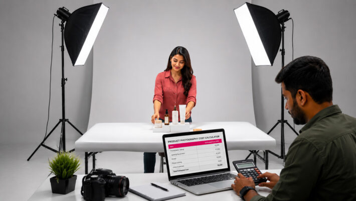 Professional product photography studio setup in India with Indian model arranging products while a client calculates e-commerce product photography costs using a laptop and calculator under softbox lighting.