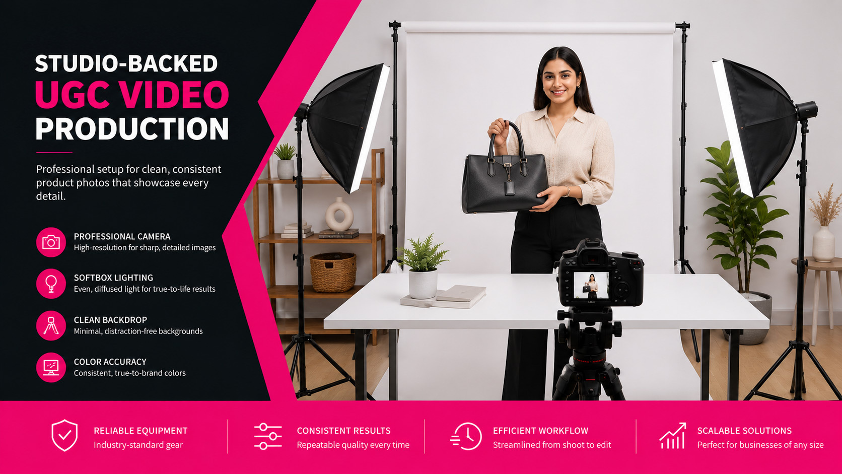 Professional studio camera and lighting equipment used by Ckstudio for e-commerce product photography and Studio-Backed UGC video production