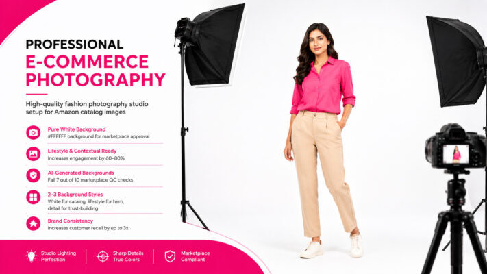 Professional e-commerce fashion photography studio setup with Indian model, white background, softbox lighting, and Amazon catalog product shoot setup.