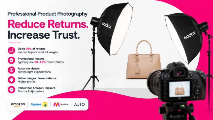 Professional e-commerce product photography setup with DSLR camera, Godox studio lighting, and fashion product on white background for Amazon and Flipkart sellers