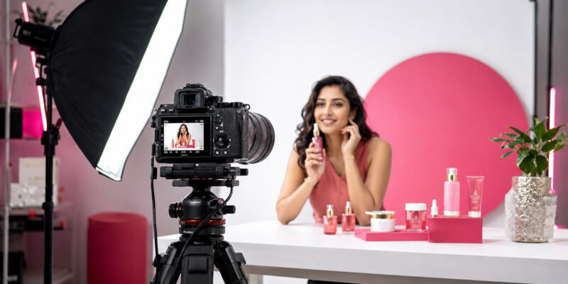 Professional Indian D2C cosmetic product video production studio with Sony A7R V camera, Indian female model, softbox lighting, and beauty products for ecommerce UGC content creation.
