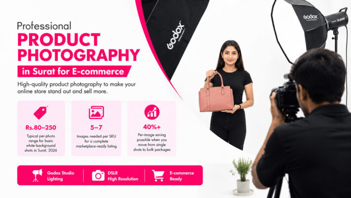 Professional product photography cost in Surat featuring an Indian model holding a handbag in a white background ecommerce studio with Godox lighting and DSLR camera setup.