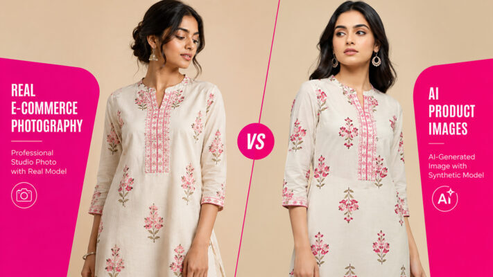 Split-screen comparison of real ecommerce photography and AI-generated product image featuring different Indian female models wearing cotton kurtas on beige background