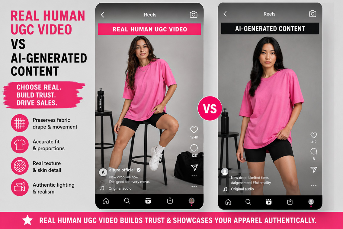 Side by side comparison of real human UGC video shot in a professional studio versus AI-generated synthetic creator content for an e-commerce apparel brand