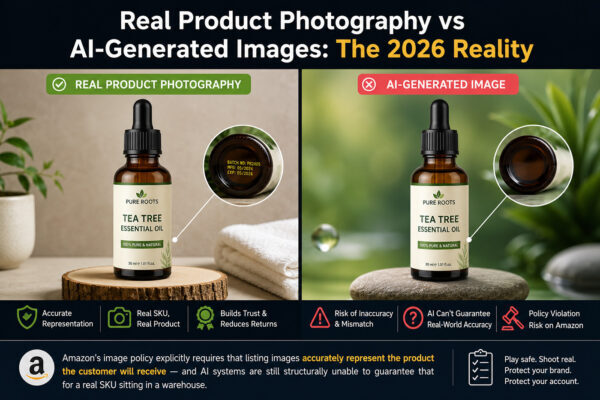 Comparison infographic showing real product photography versus AI-generated product images for Amazon listings, highlighting accuracy, compliance, customer trust, and risks of AI-generated visuals in 2026.
