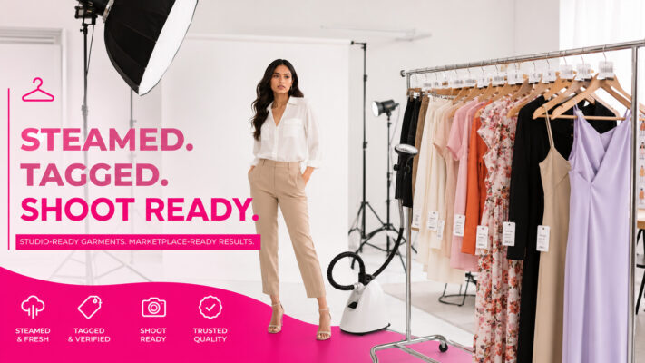 Indian fashion model standing in a professional e-commerce photography studio with steamed and tagged garments on rack under softbox lighting