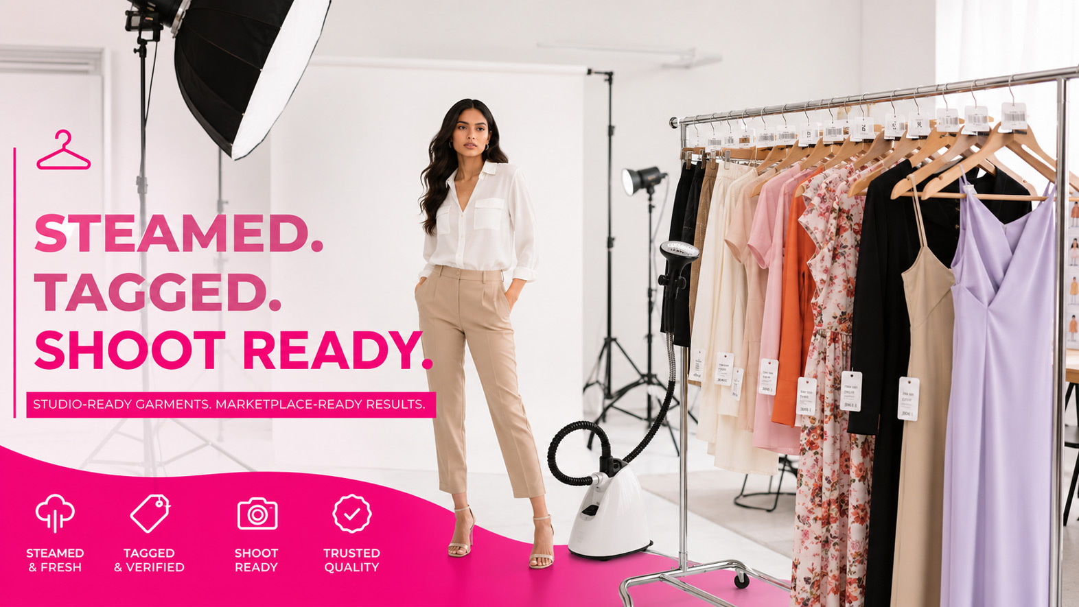 Professional studio setup with neatly steamed garments hanging on a rack, SKU labels visible, soft daylight from softboxes, ready for an e-commerce model photoshoot — high-quality editorial photograph for fashion brand catalog