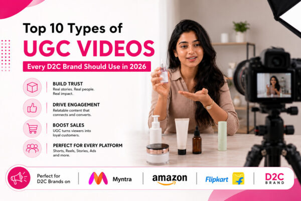 Infographic showing top UGC video trends for D2C brands in 2026 with Indian content creator shooting beauty product video in studio setup