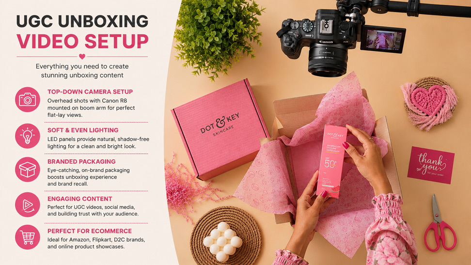 UGC unboxing video setup with Canon R8 DSLR overhead camera, beige seamless background, cosmetic product packaging, and infographic content for ecommerce video production.