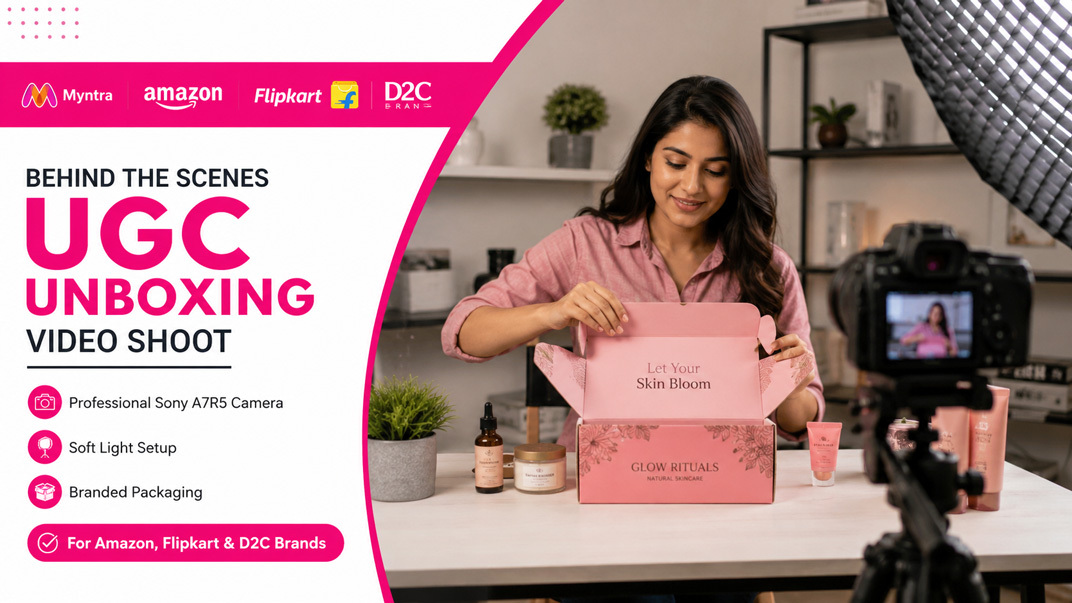 Behind the scenes UGC unboxing video shoot with Sony A7R5 camera for Amazon, Flipkart, Myntra and D2C beauty brand content creation.