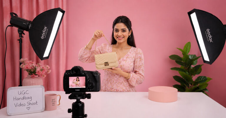 Indian female creator showcasing a beige handbag during a UGC video production shoot in a pink ecommerce studio with DSLR camera and softbox lighting.