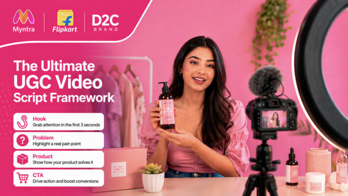 Female UGC creator filming product demo video in pink ecommerce studio with DSLR camera and ring light for D2C brand marketing.