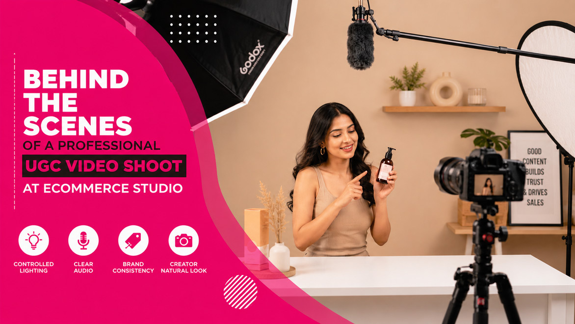 Behind-the-scenes view of a professional UGC video shoot at Ckstudio showing studio lights, camera rig and a model interacting with a D2C product on set