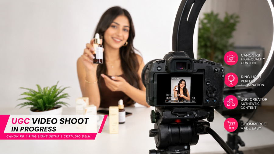 Female UGC creator filming a beauty product review using Canon R8 DSLR camera with ring light setup in a professional Delhi studio.