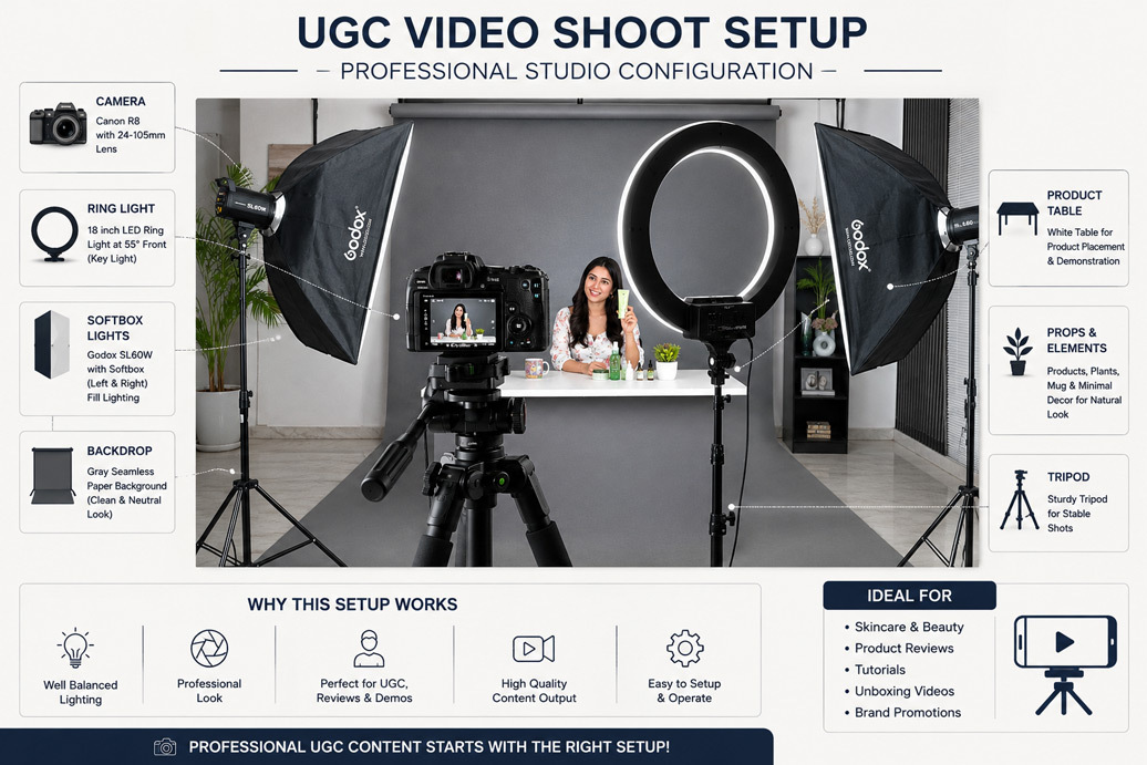 Professional UGC video shoot setup infographic featuring Canon R8 DSLR camera, LED ring light, softbox lighting, gray seamless background, and Indian female creator in a Delhi studio.