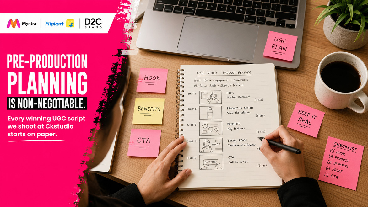 Professional vertical short-form video reel storyboard planning on desk with sticky notes and laptop for e-commerce content creation, top-down editorial shot natural daylight