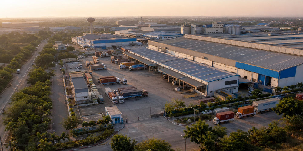 Aerial drone overhead shot of large industrial manufacturing plant complex showing multiple warehouses parking trucks and logistics yard in golden hour panoramic factory photography composition
