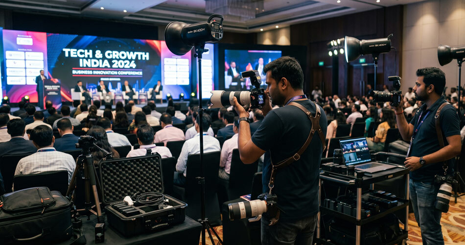 Behind-the-scenes corporate event photography setup with professional lighting and dual-camera coverage at an Indian business conference venue