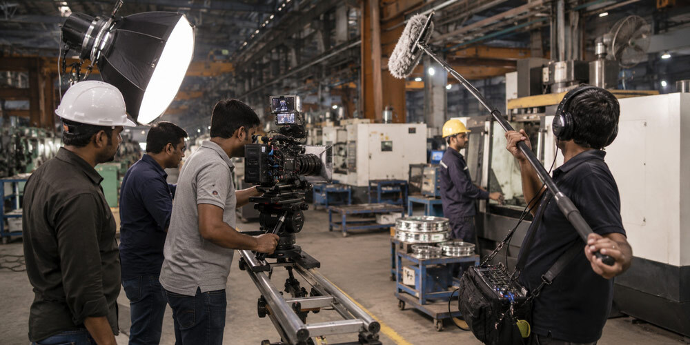 Cinema-grade video production setup inside large manufacturing facility with professional cinema camera mounted on slider, external lighting and sound recordist capturing process demonstration