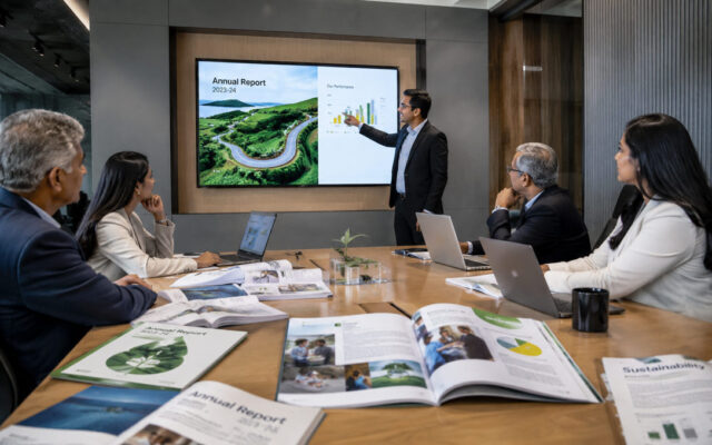 Indian corporate leadership team of different ages reviewing annual report photography and visual storytelling materials in a modern boardroom with printed reports and large display screens.