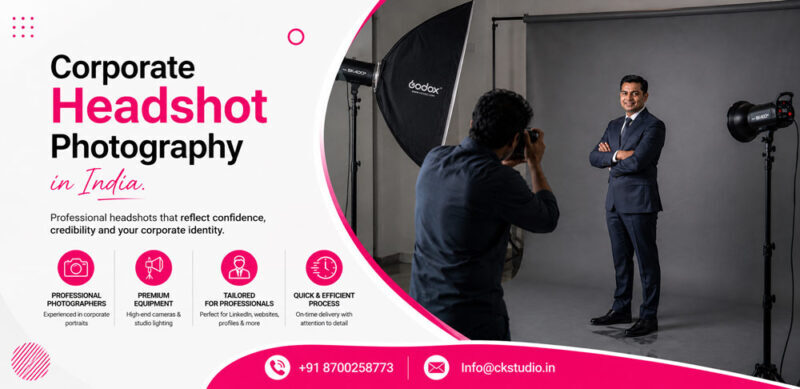 Banner of Behind-the-scenes corporate headshot photography session in India featuring a business executive posing in front of a neutral grey backdrop while a photographer captures the portrait using Godox SK400II studio strobes and softbox lighting.