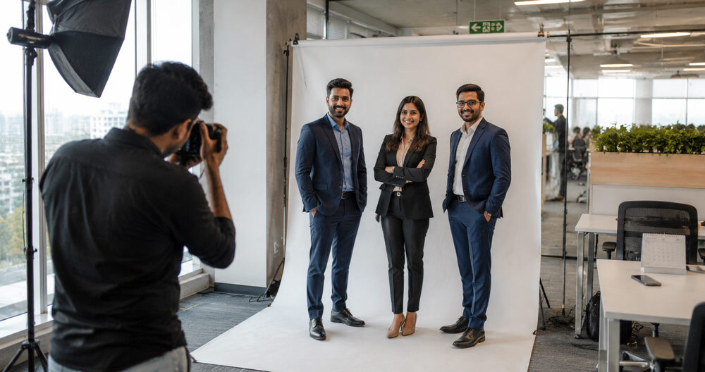 Professional corporate photography pricing guide India 2026 with team headshots and office photoshoot setup in modern Indian corporate workspace
