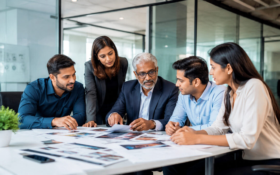 Diverse Indian corporate leadership team in modern glass-walled office discussing annual report photography strategy with printed proofs on the table