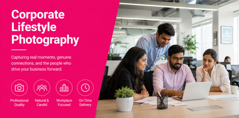 Corporate lifestyle photography by Ckstudio featuring an Indian business team collaborating in a modern open-plan office with natural daylight.