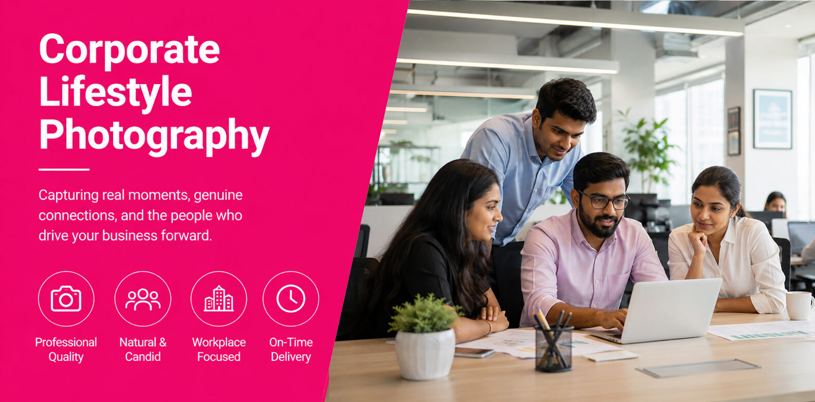 Corporate lifestyle photography India team collaborating in modern open-plan office with natural daylight