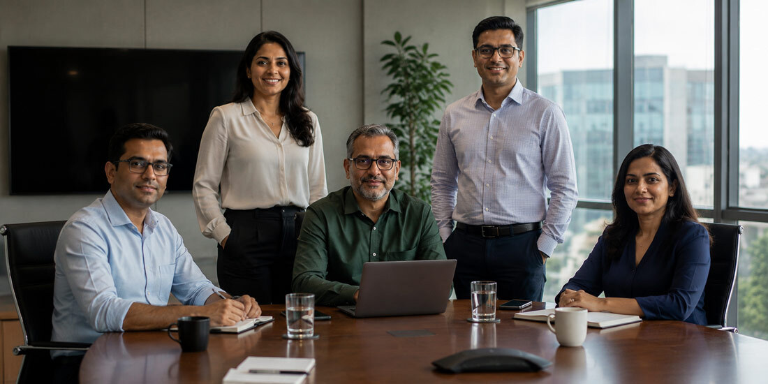 Diverse Indian corporate team group photography in modern office workplace showing professional staff in business attire with confident smiles for employer branding and recruitment campaigns