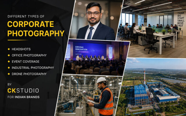 Corporate photography services by Ckstudio featuring professional headshots, office photography, event coverage, industrial photography, and drone photography for Indian brands.