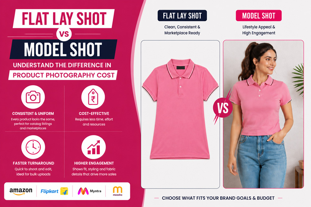 Ecommerce apparel flat lay shoot with neatly styled garments showing how product type affects product photography cost in Jaipur for Amazon and Meesho sellers