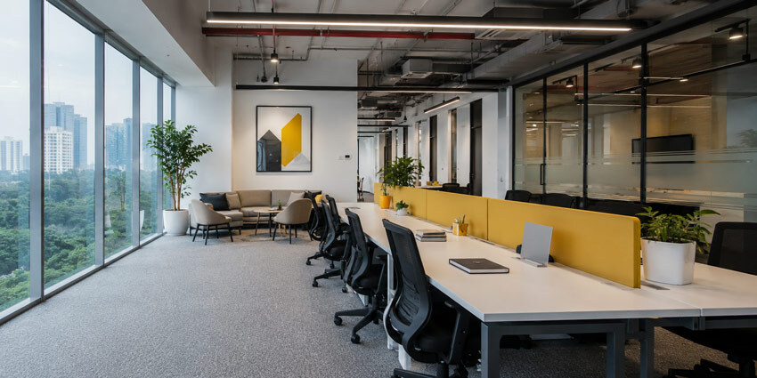 Modern Indian corporate office interior photography with natural daylight floor-to-ceiling windows and minimalist workspace design for company branding