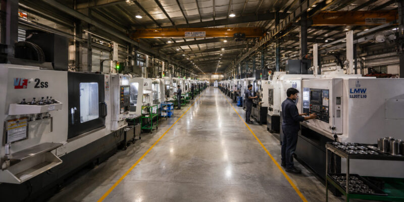 Behind-the-scenes industrial photography shoot inside a modern Indian CNC manufacturing facility with a photographer capturing machine operators on a production floor.