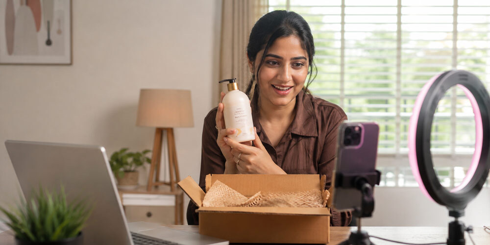 Indian content creator filming an authentic product unboxing video on smartphone at a cozy home desk setup with natural window light and soft pink ring light, candid storytelling style for D2C brand campaign