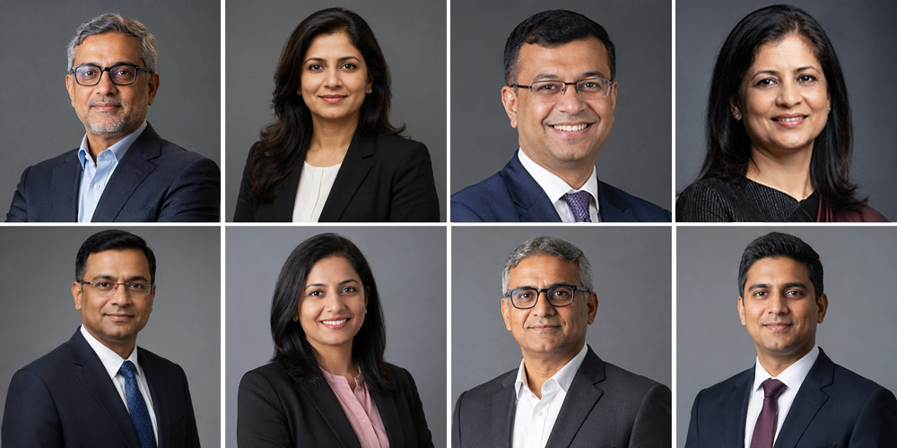 Professional corporate headshot photography of an Indian executive in dark suit against neutral studio background with cinematic lighting for LinkedIn and company website