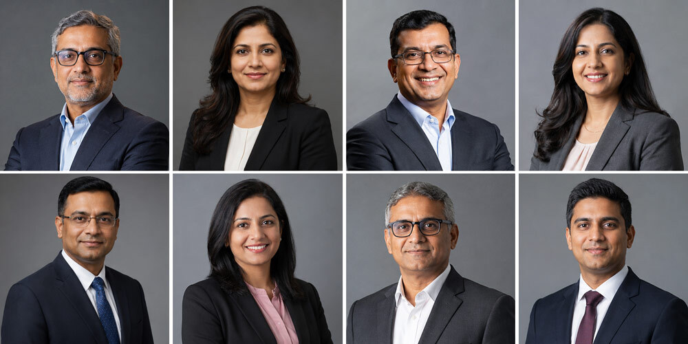 Professional corporate headshot photography in India featuring a confident business executive in studio lighting setup with neutral grey backdrop