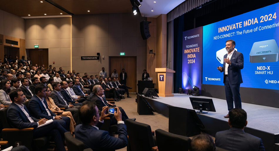 Corporate event photography of a CEO product launch presentation with branded keynote screen in a premium Indian business venue