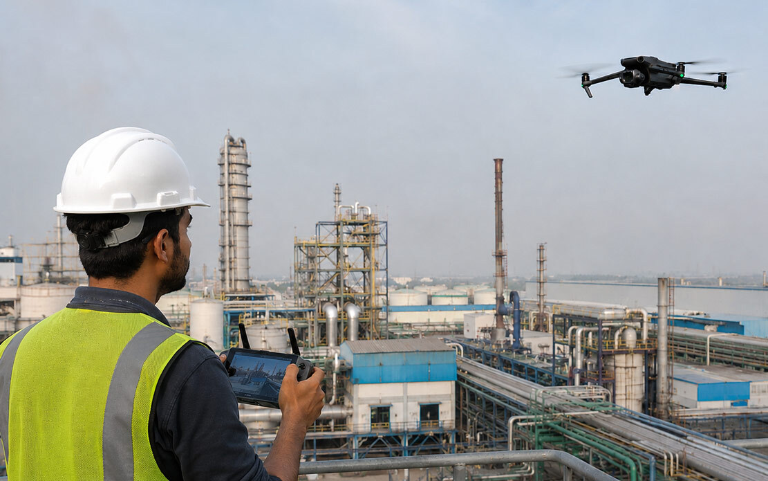 DGCA-compliant professional drone flying for aerial cinematography over an industrial site during a factory corporate film production shoot in India