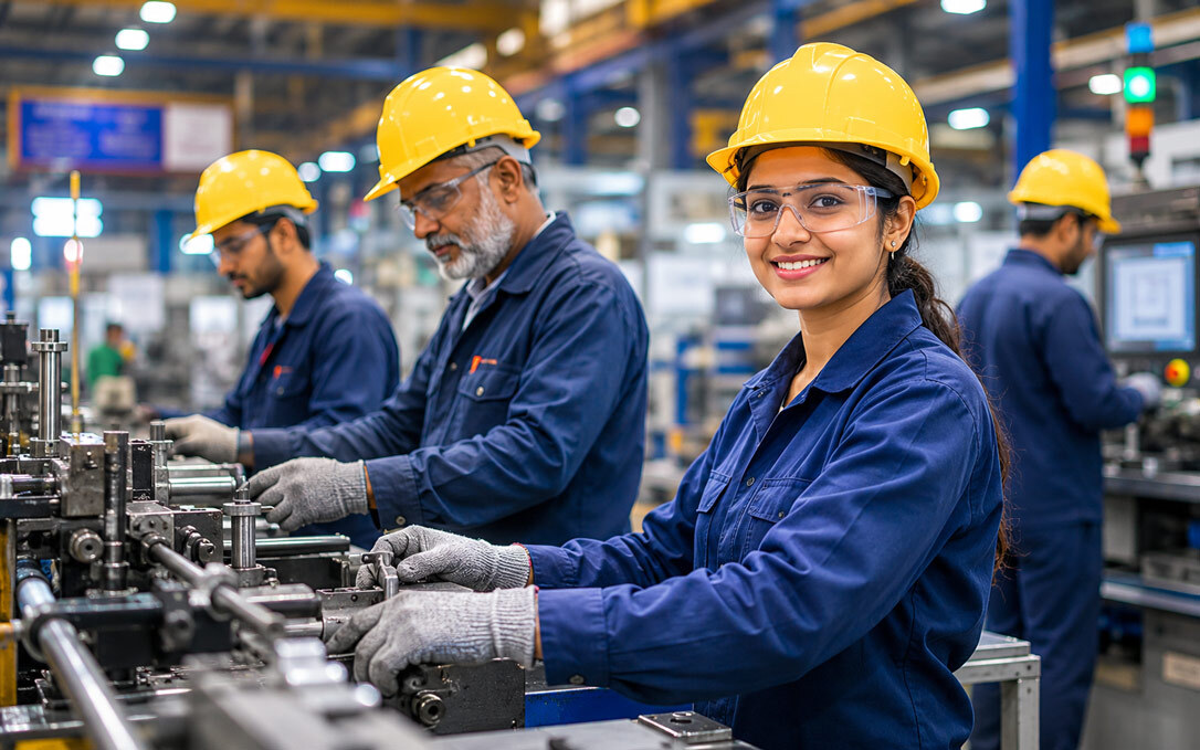 Indian factory production line workers in safety gear documented for corporate annual report photography with controlled industrial lighting and shallow depth of field
