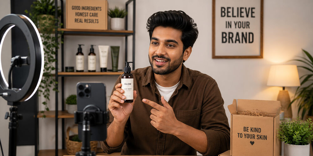 UGC creator filming customer testimonial video in well-lit home studio with smartphone on tripod, ring light setup and beauty products on shelf in background, authentic D2C brand content creation scene with vertical 9:16 framing