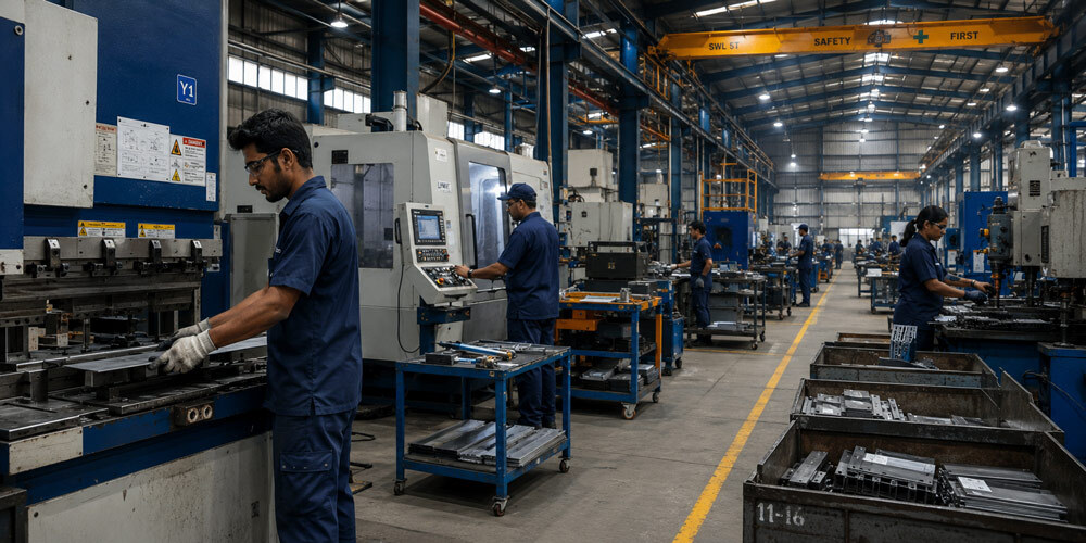 Industrial and manufacturing photography of a modern Indian factory production line showing automated machinery, skilled workers in safety gear and CNC equipment for corporate brand documentation