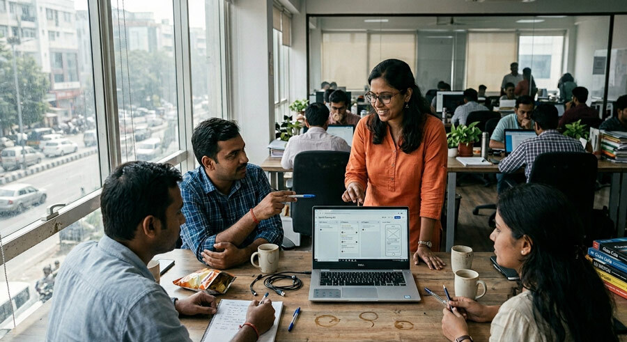 Authentic business lifestyle photography of diverse colleagues collaborating around laptop in bright workspace