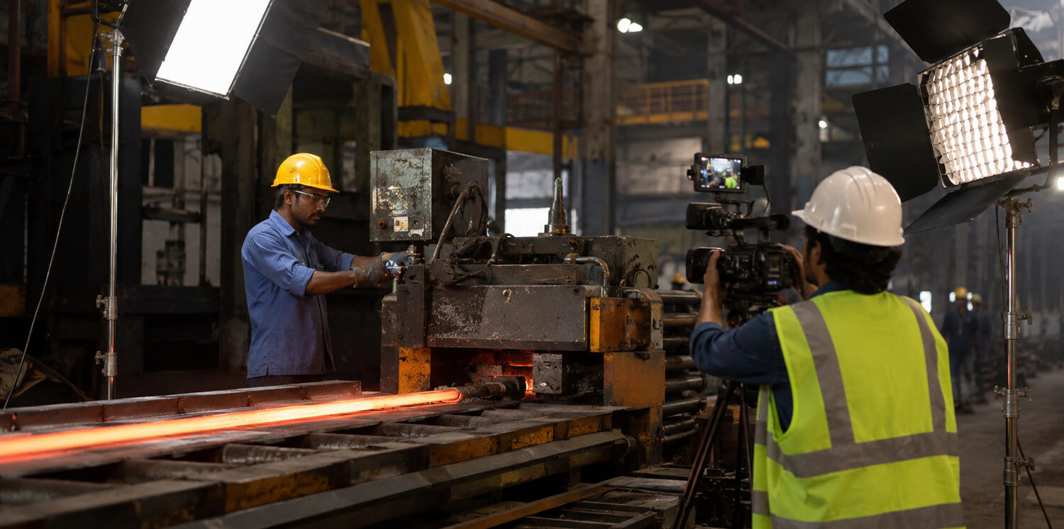 Steel factory worker operating heavy machinery on a production floor documented for a manufacturing company brand film