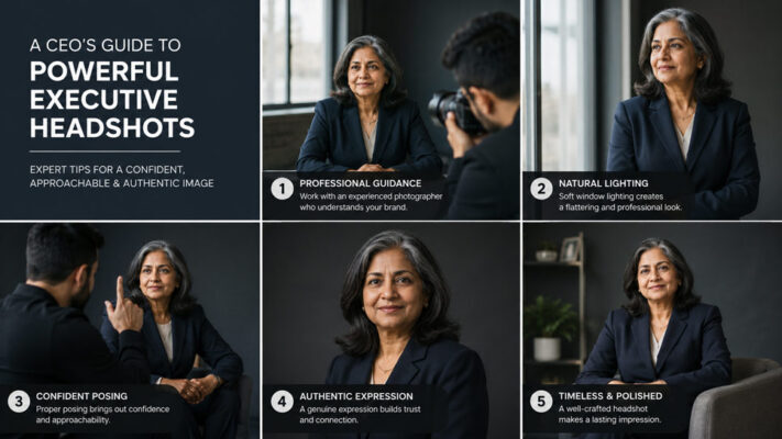 Indian woman CEO in her late 50s posing for professional corporate headshots while receiving guidance from a photographer in a studio with soft window lighting and a dark business suit, displayed in a realistic grid infographic layout.