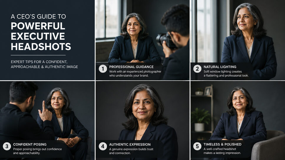 Executive professional posing for professional corporate headshots with soft window lighting and dark suit in studio environment